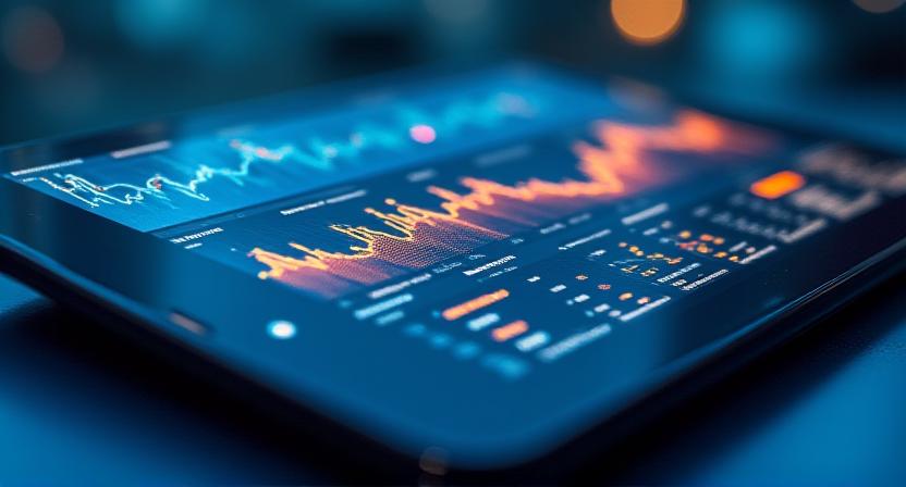 A futuristic dashboard showing glowing real-time data streams and metrics